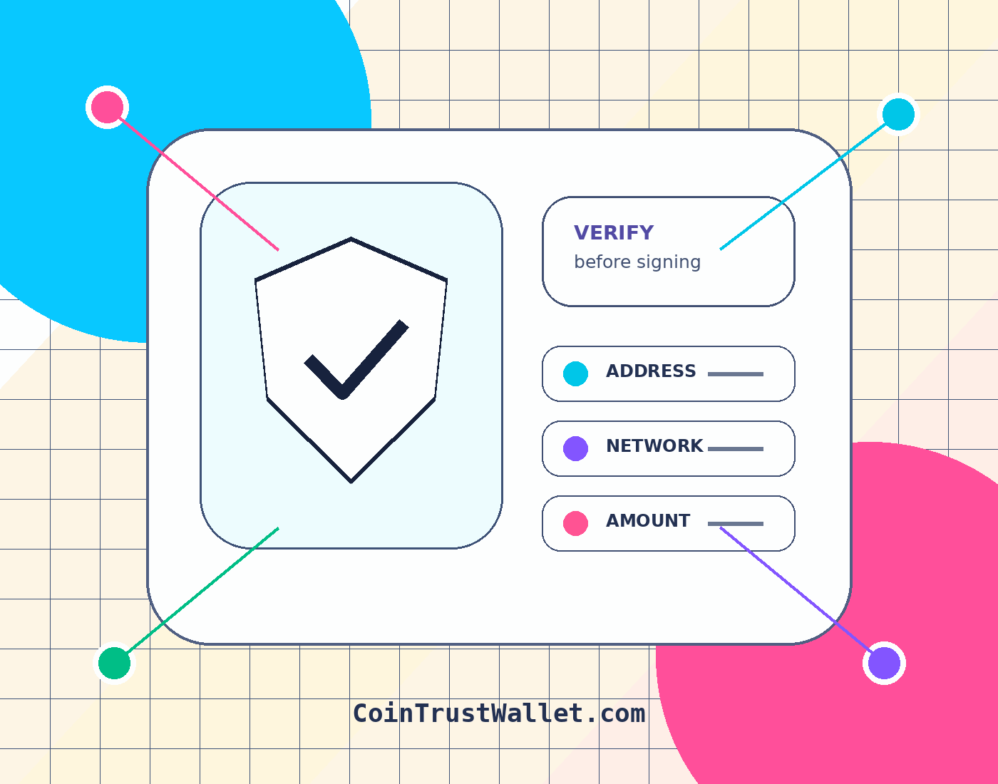 Colorful wallet security illustration with a shield and address verification checklist